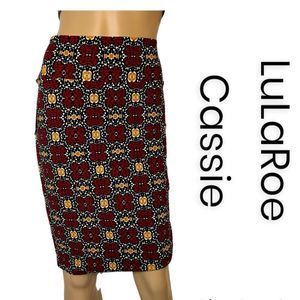 LuLaRoe Pencil Skirt Cassie Style Red Gold Black Size Medium